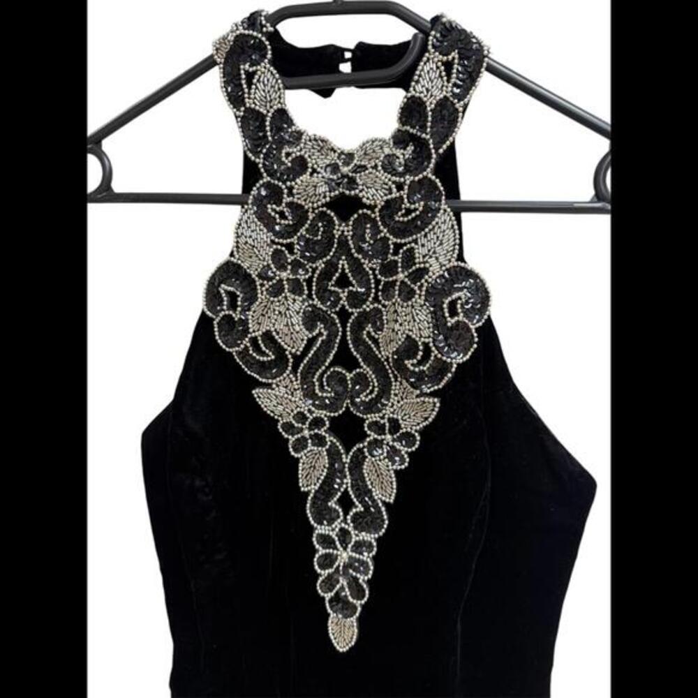 60s Elegant Black Velvet Halter Dress with Beaded Neckline Formal Evening Gown